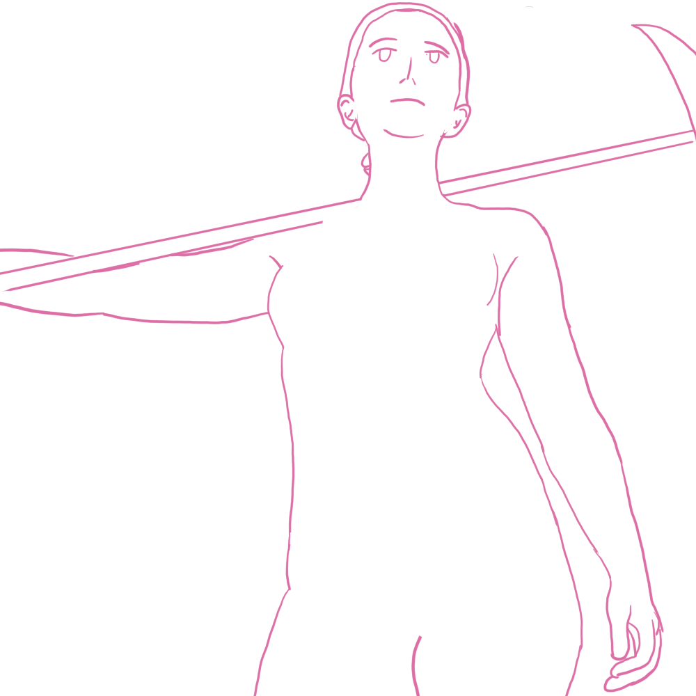 Woman holding scythe closer