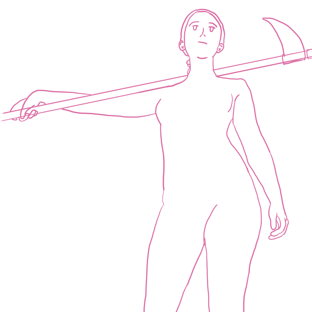 Woman holding scythe farther